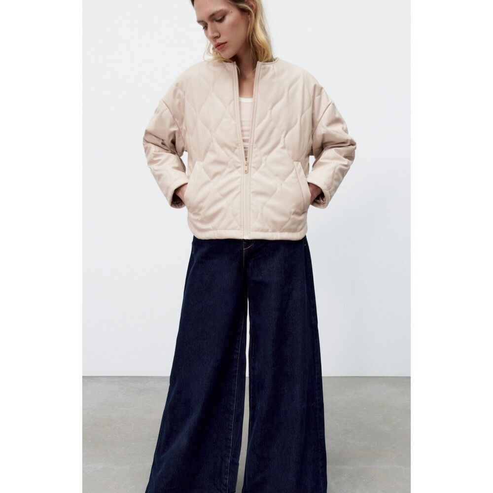 Cream Zara Quilted Pattern Faux Leather Puffer Jacket (NWT)